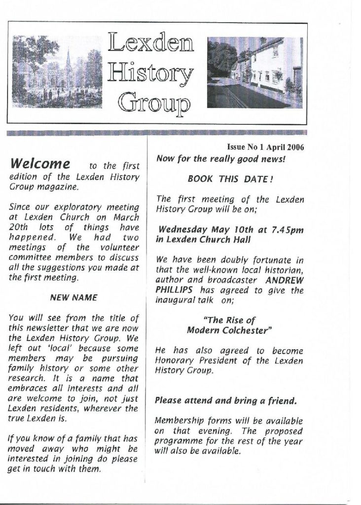 Lexden History Newsletter, Issue 1 April 2006